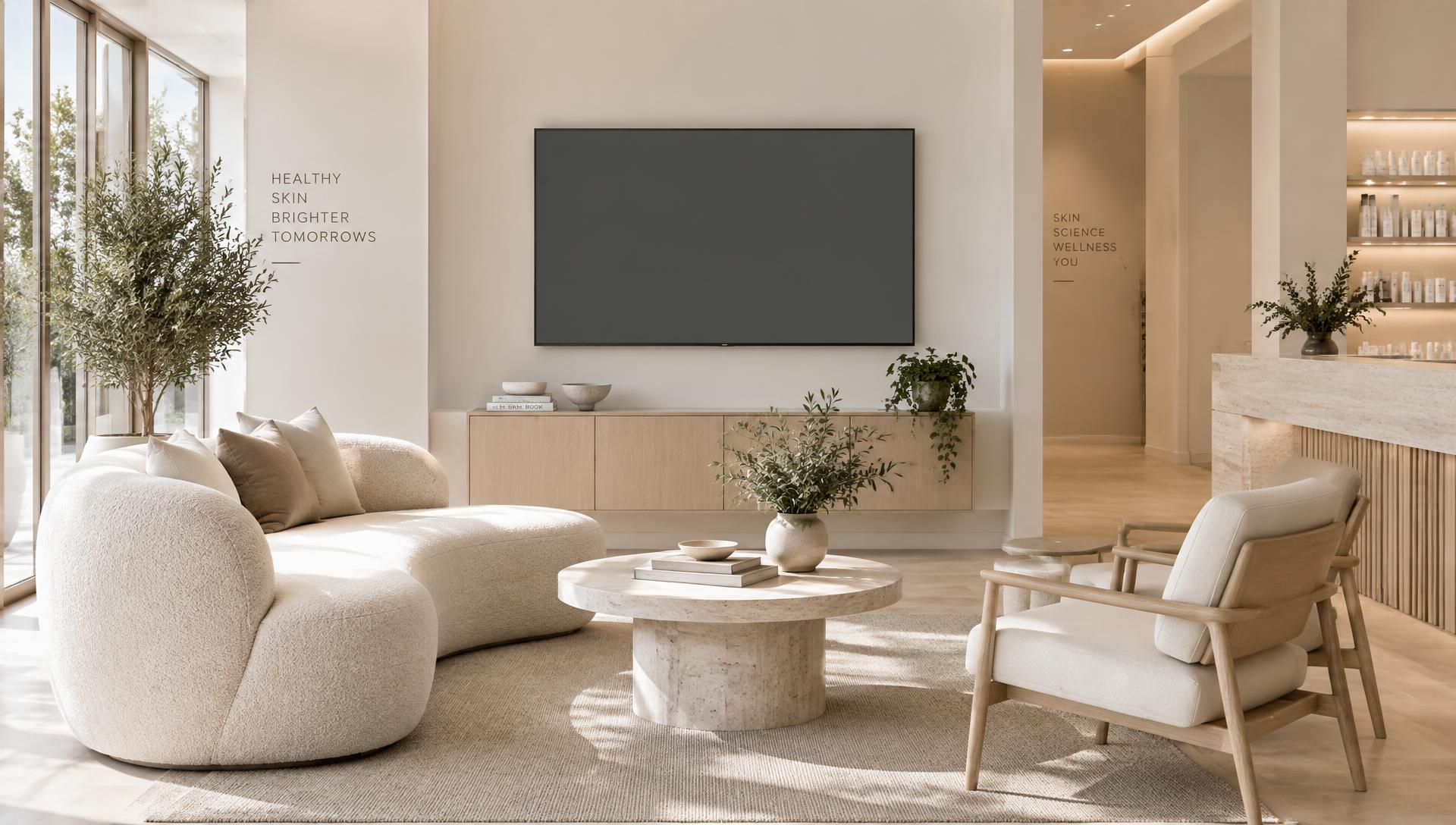 Sala de espera de clínica dermatológica com TV
